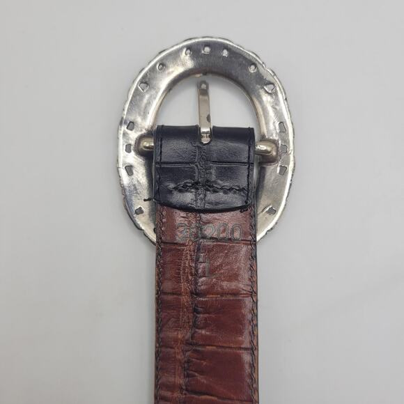 Black Brown Leather Belt Lg Western Oval Silver Buckle Boho Cowgirl Reversible